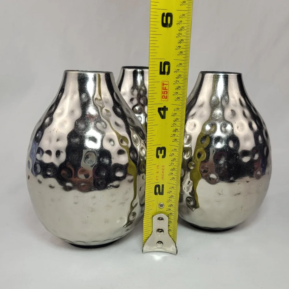 Hammered Silver Metal Bud Vases Set of 3 Small Decorative Modern Dimpled Tapered